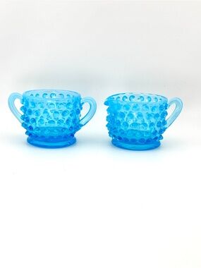 Vintage Fenton Art Glass Blue Opalescent Hobnail Open Sugar Bowl & Creamer